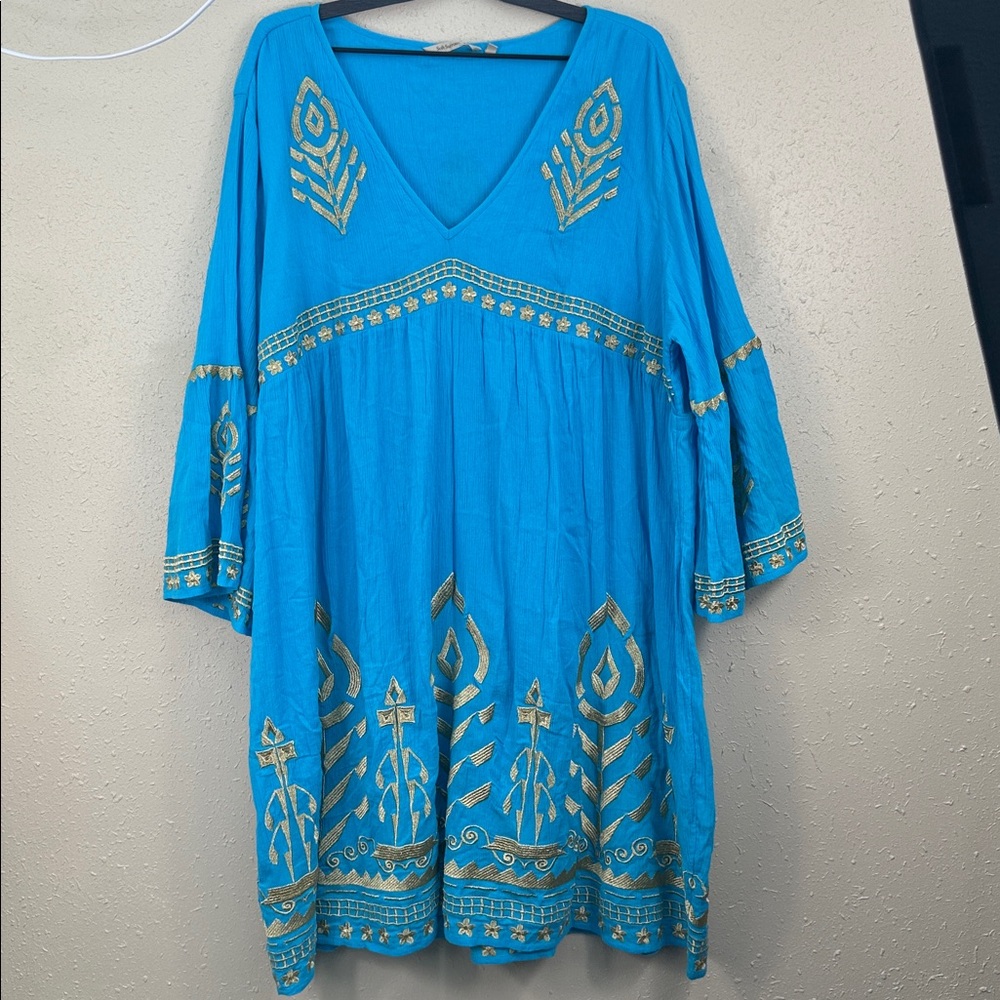 Soft Surroundings Zaneta Turquoise Gold Embroidery Babydoll Boho Lagenlook 3X - Picture 5 of 10